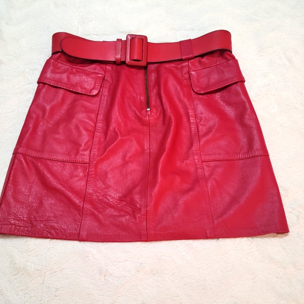 Real Leather Red Cargo Mini Skirt  Size 8